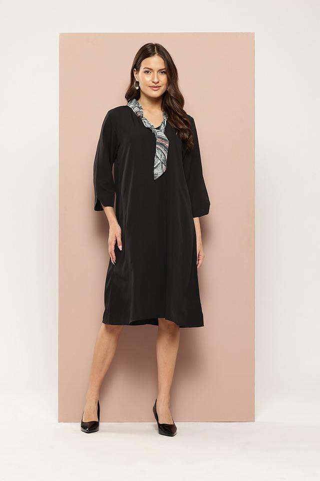 qurvii Color Block Tie Up Neck Crepe Women Dress-picture-38