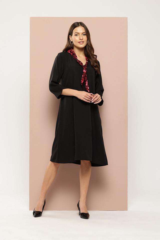 qurvii Color Block Tie Up Neck Crepe Women Dress-picture-35