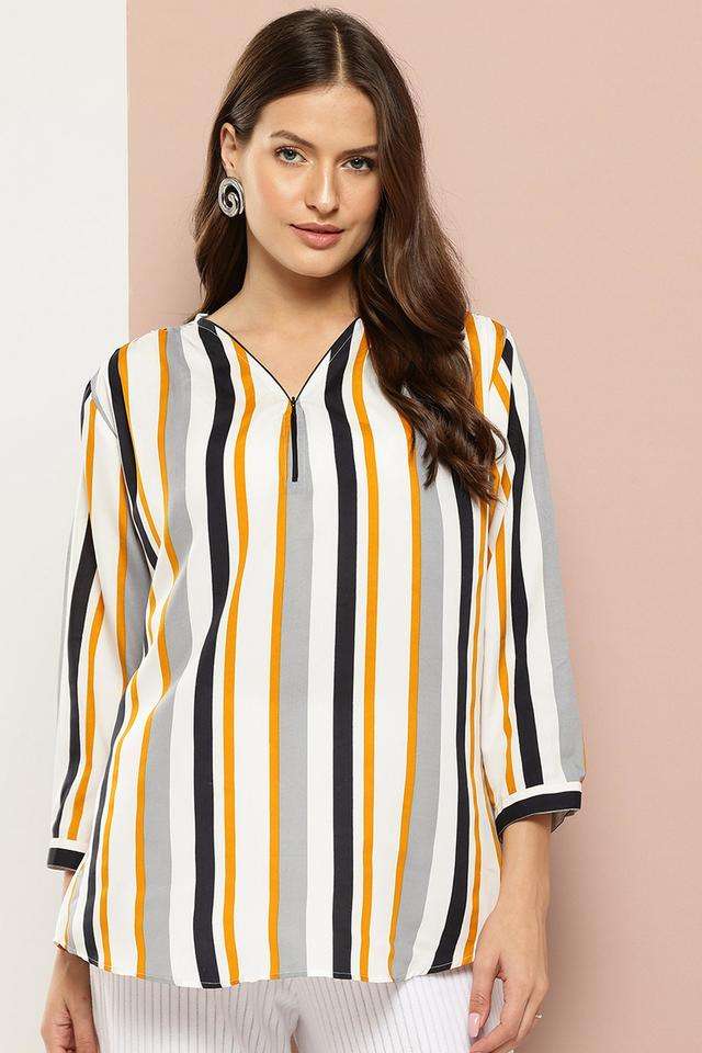 qurvii Stripes Crepe V-Neck Women Top-picture-22