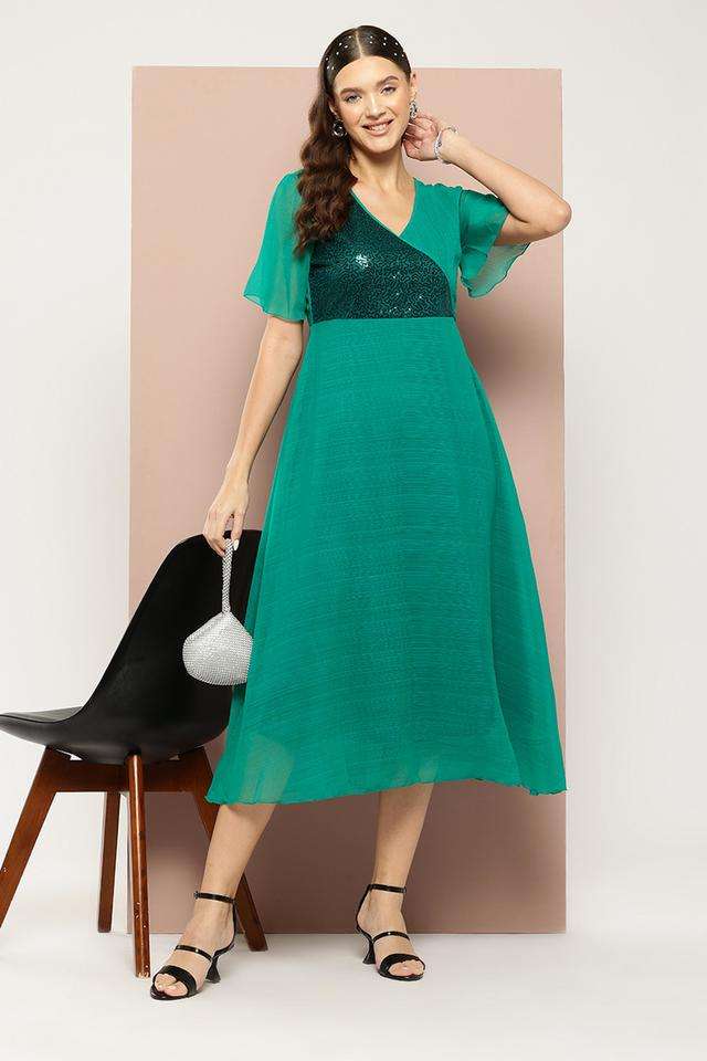 Embellished V-Neck Georgette Women Dress-image-44