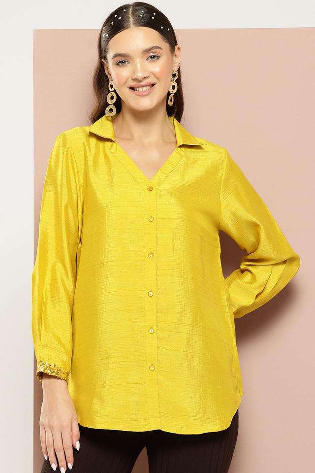 qurvii Solid Collared Silk Women Shirt-picture-38