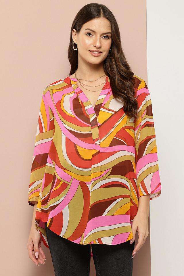 qurvii Abstract Georgette Collared Women Top-picture-37