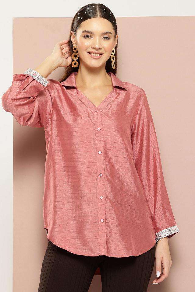 qurvii Solid Collared Silk Women Shirt-picture-40