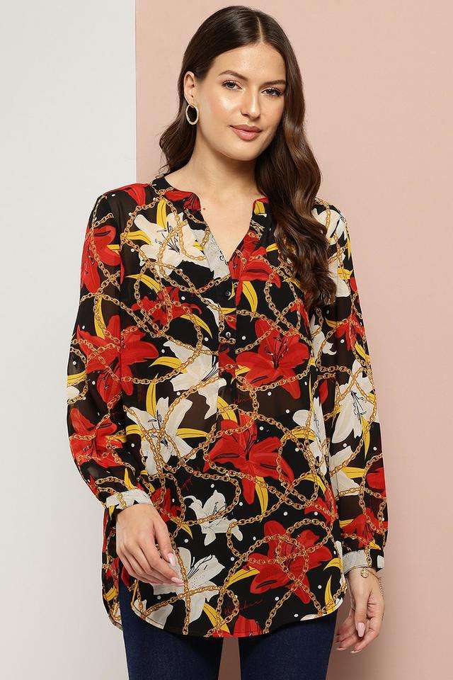 qurvii Floral Georgette Collared Women Top-picture-10