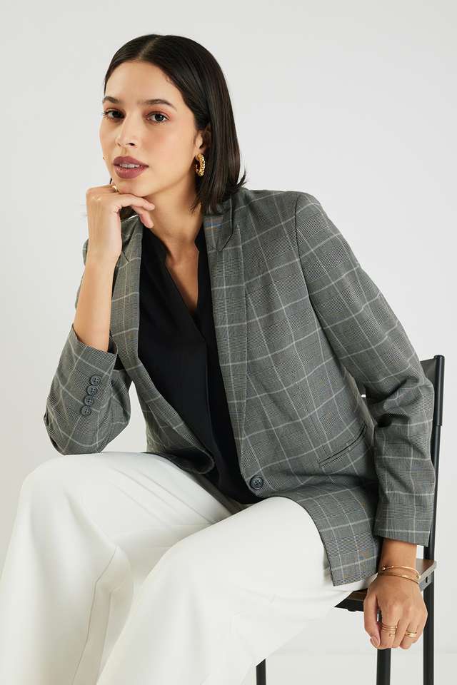 Checks-Blended-Fabric-Regular-Fit-Women-s-Formal-Blazer