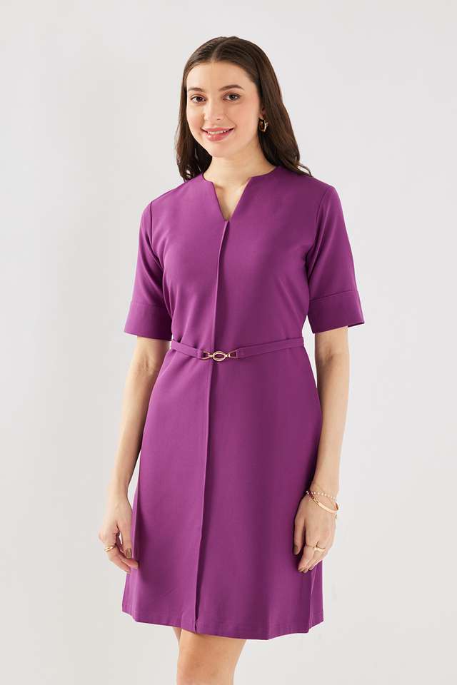 Solid-Blended-Fabric-V-Neck-Women-s-Knee-Length-Dress