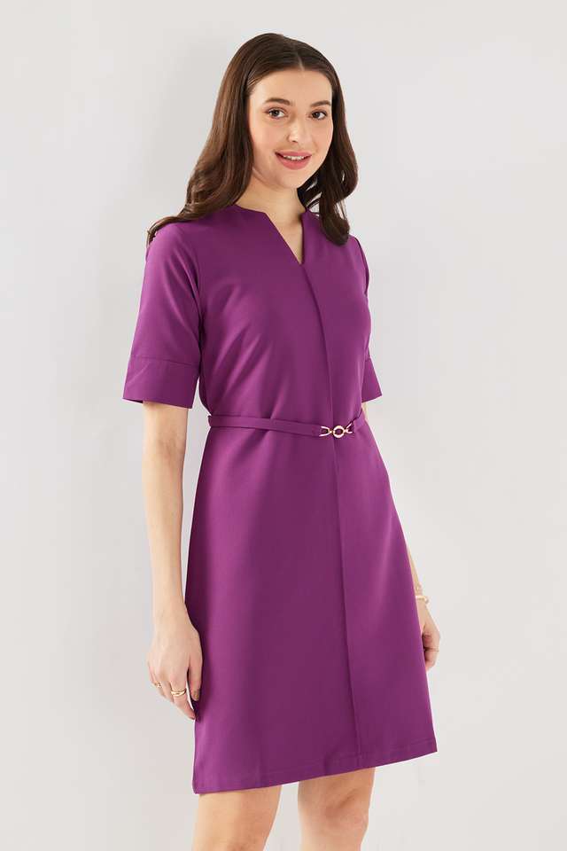 Solid-Blended-Fabric-V-Neck-Women-s-Knee-Length-Dress
