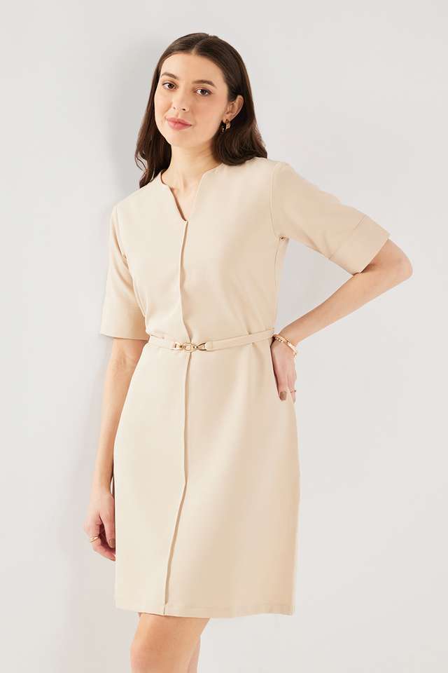 Solid-Blended-Fabric-V-Neck-Women-s-Knee-Length-Dress