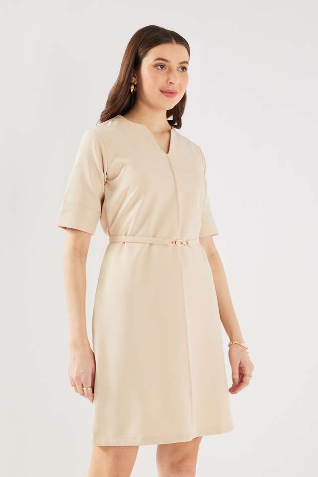 Solid-Blended-Fabric-V-Neck-Women-s-Knee-Length-Dress