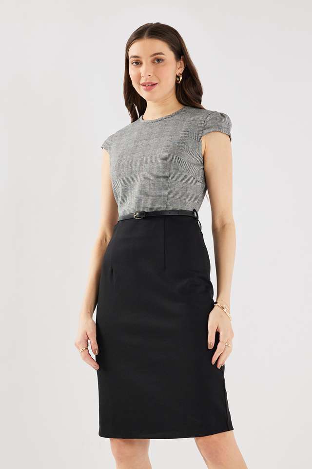 Checks-Blended-Fabric-Round-Neck-Women-s-Knee-Length-Dress
