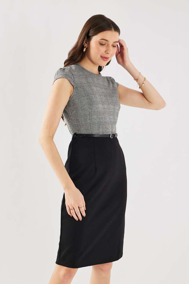 Checks-Blended-Fabric-Round-Neck-Women-s-Knee-Length-Dress