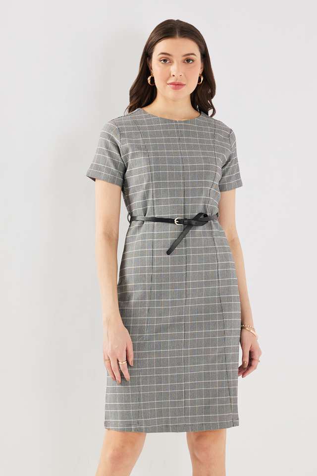 Checks-Blended-Fabric-Round-Neck-Women-s-Knee-Length-Dress