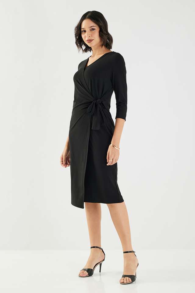Stripes-Blended-Fabric-V-Neck-Women-s-Knee-Length-Dress