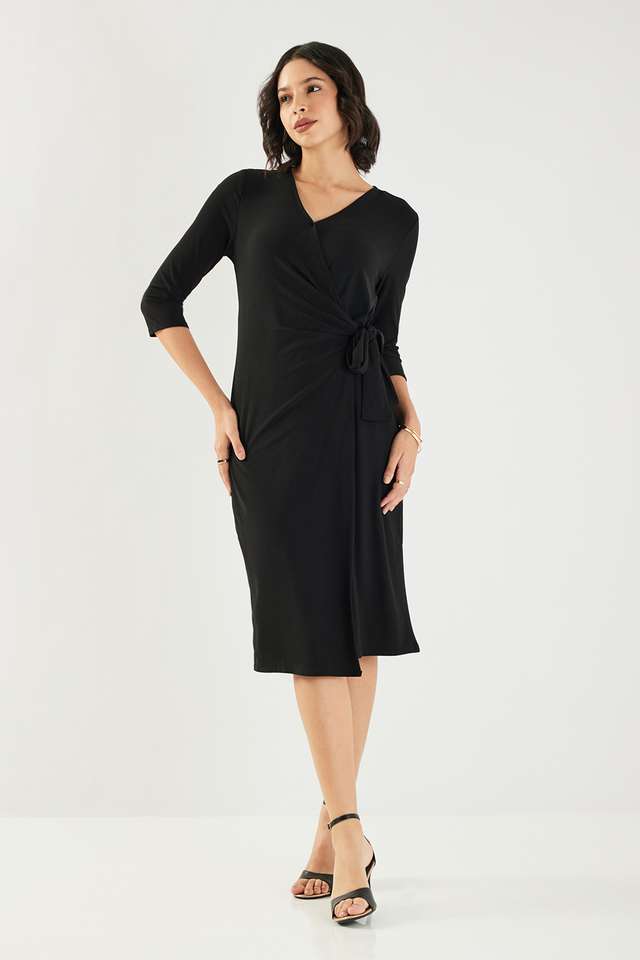 Stripes-Blended-Fabric-V-Neck-Women-s-Knee-Length-Dress