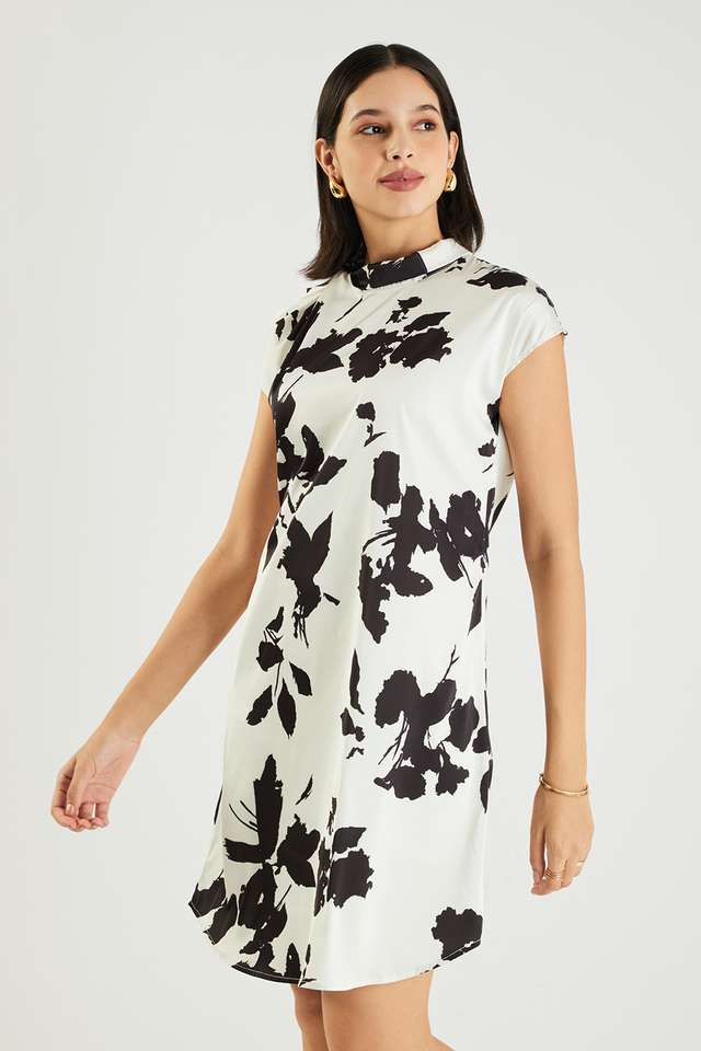 Printed-Satin-Round-Neck-Women-s-Knee-Length-Dress