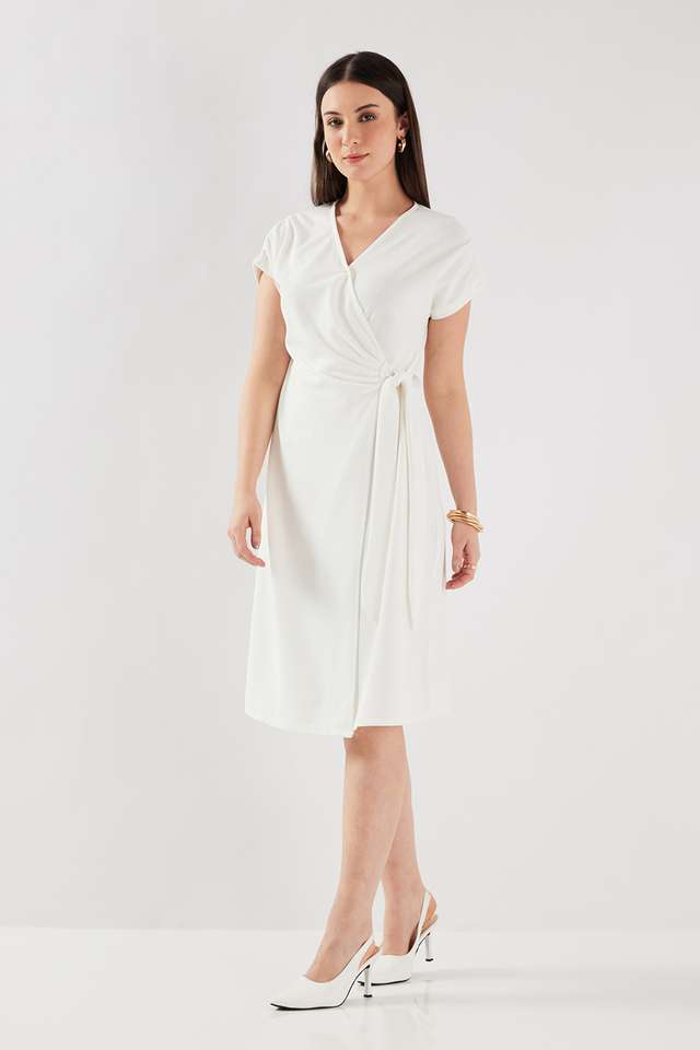 Solid-Blended-Fabric-V-Neck-Women-s-Knee-Length-Dress