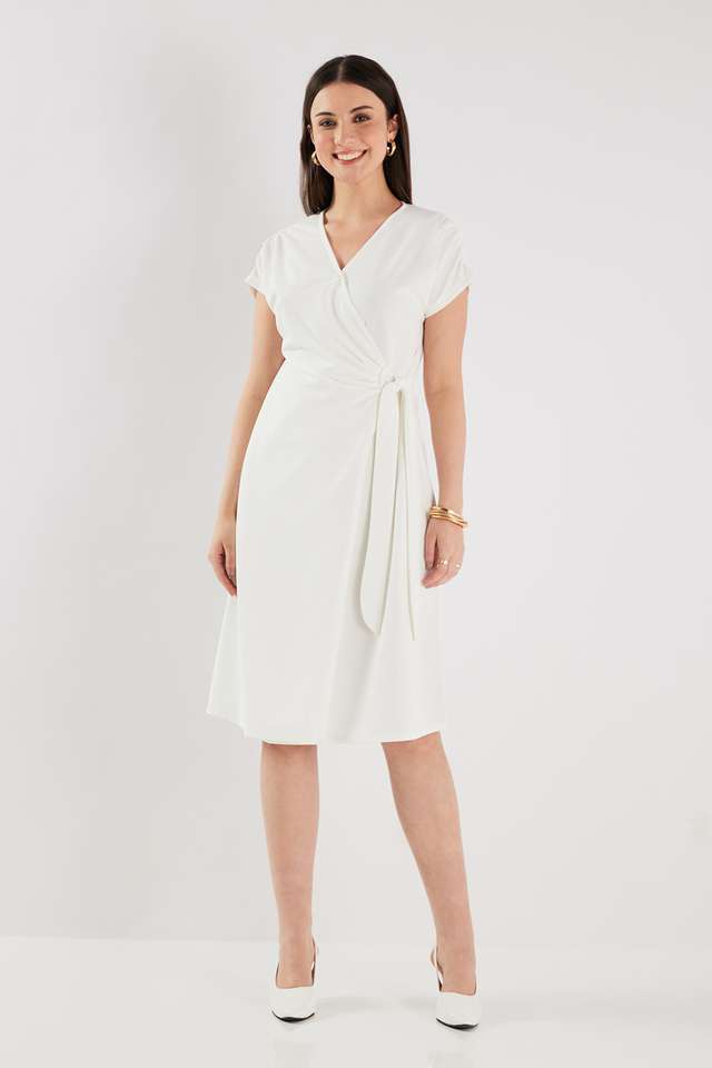 Solid-Blended-Fabric-V-Neck-Women-s-Knee-Length-Dress