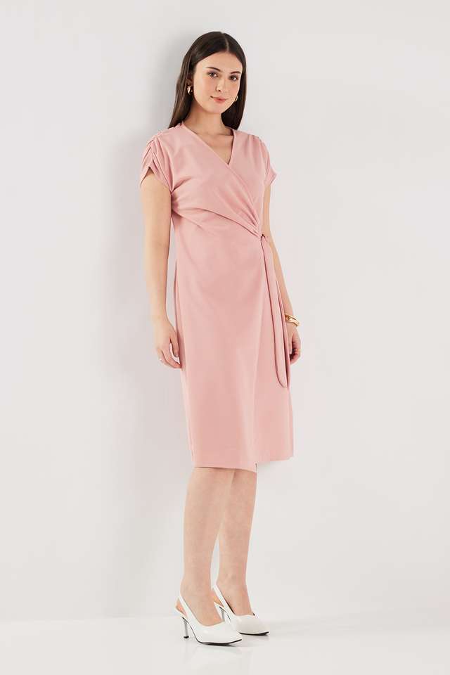 Solid-Blended-Fabric-V-Neck-Women-s-Knee-Length-Dress