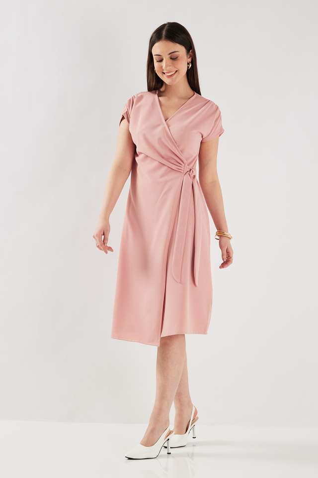 Solid-Blended-Fabric-V-Neck-Women-s-Knee-Length-Dress