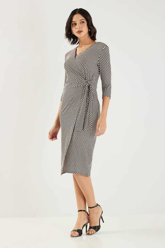 Stripes-Blended-Fabric-V-Neck-Women-s-Knee-Length-Dress