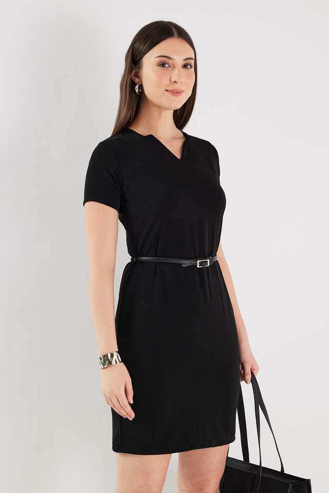 Solid-Blended-Fabric-V-Neck-Women-s-Knee-Length-Dress