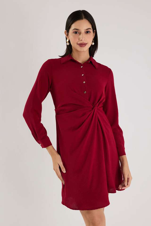 Solid-Blended-Fabric-Collared-Women-s-Knee-Length-Dress