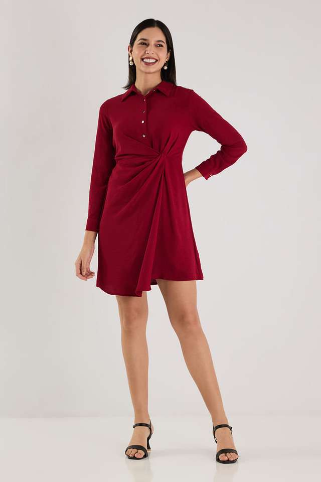 Solid-Blended-Fabric-Collared-Women-s-Knee-Length-Dress
