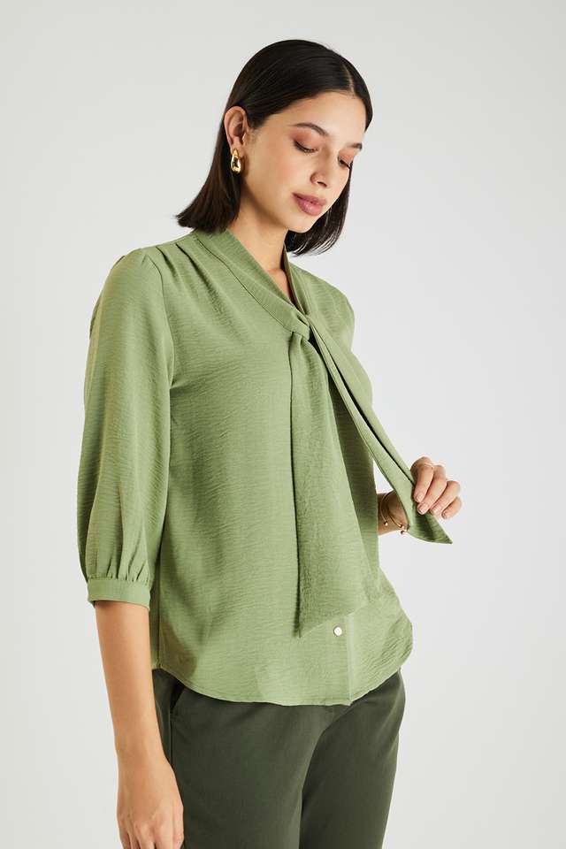 Solid-Blended-Fabric-Tie-Up-Neck-Women-s-Top
