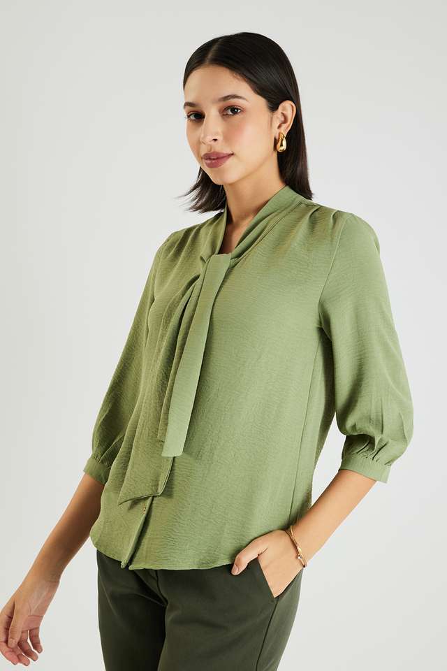 Solid-Blended-Fabric-Tie-Up-Neck-Women-s-Top
