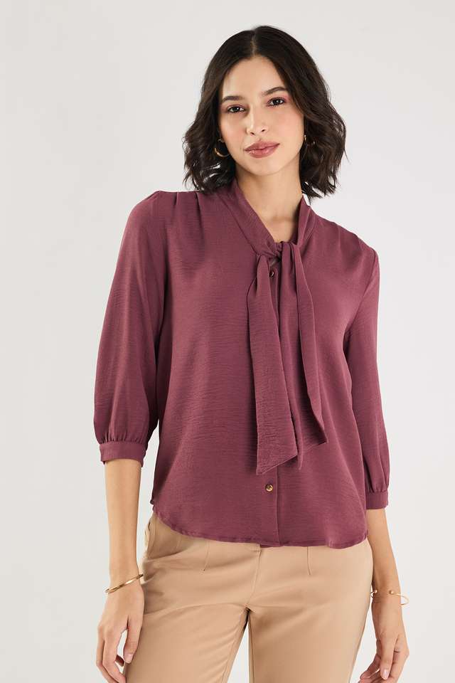 Solid-Blended-Fabric-Tie-Up-Neck-Women-s-Top