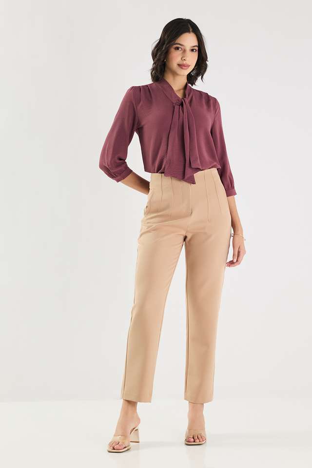 Solid-Blended-Fabric-Tie-Up-Neck-Women-s-Top