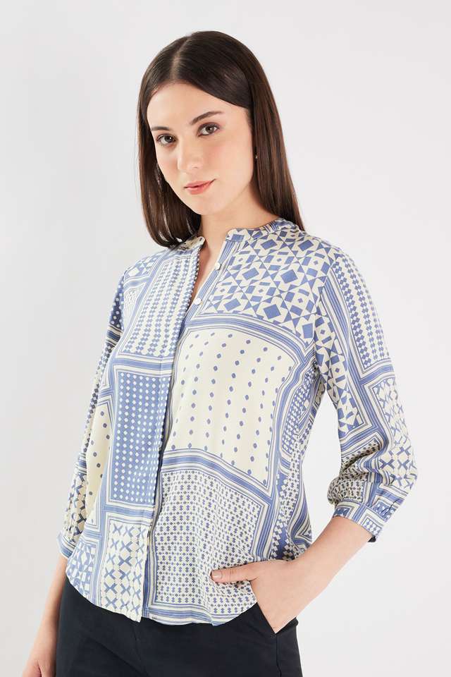 Printed-Blended-Fabric-Collared-Women-s-Top
