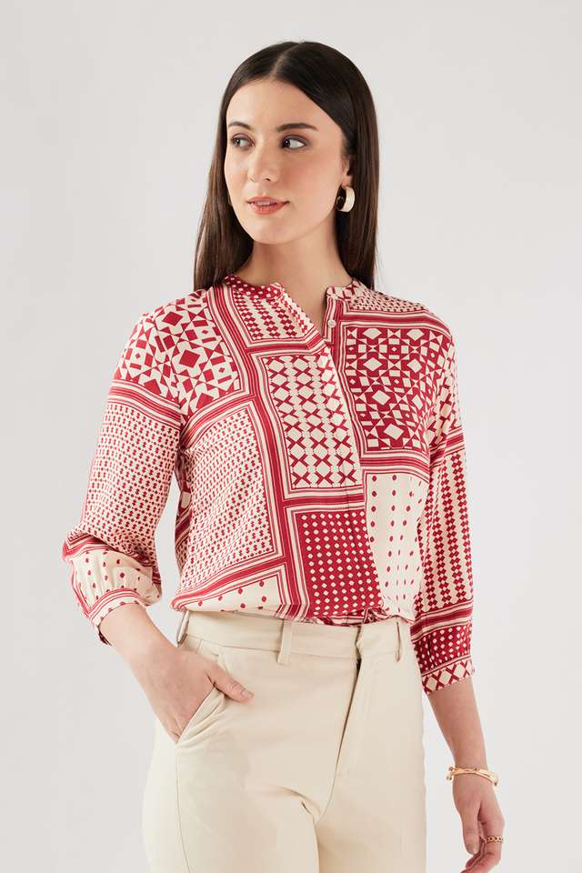 Printed-Blended-Fabric-Collared-Women-s-Top