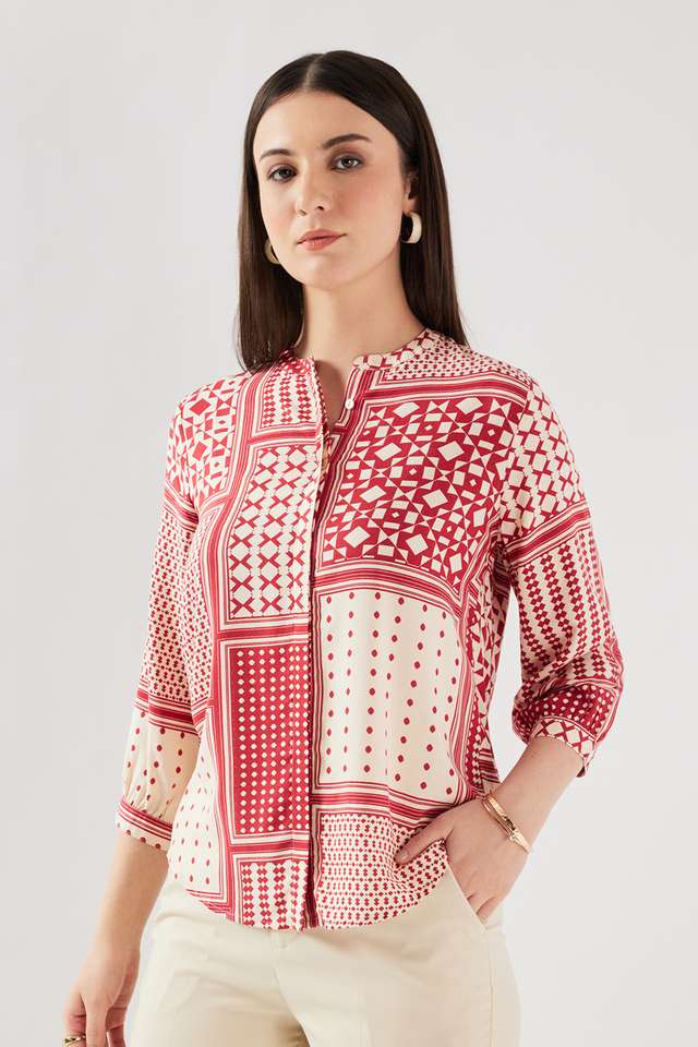 Printed-Blended-Fabric-Collared-Women-s-Top