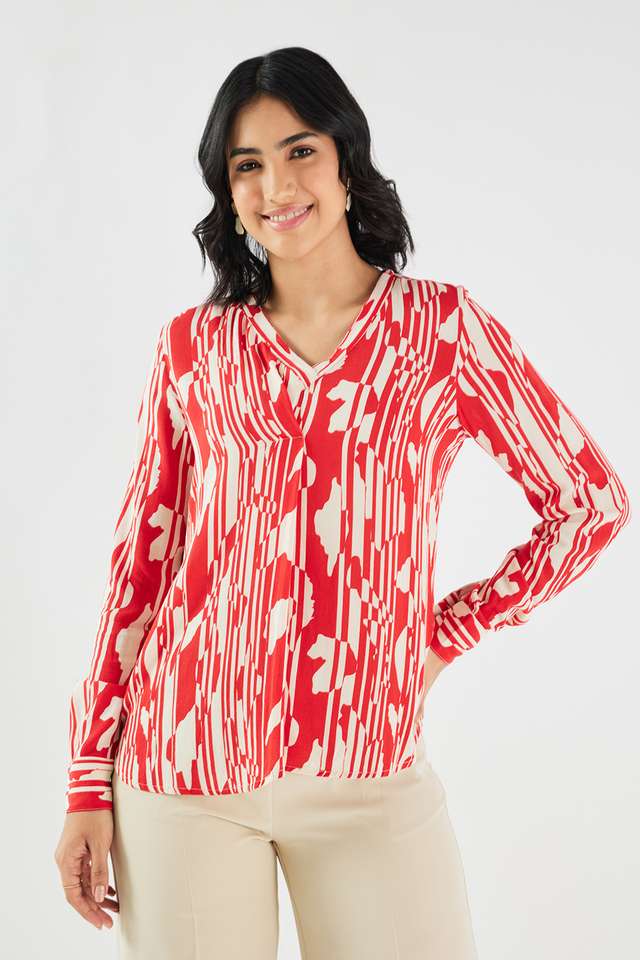 Printed-Blended-Fabric-V-Neck-Women-s-Top