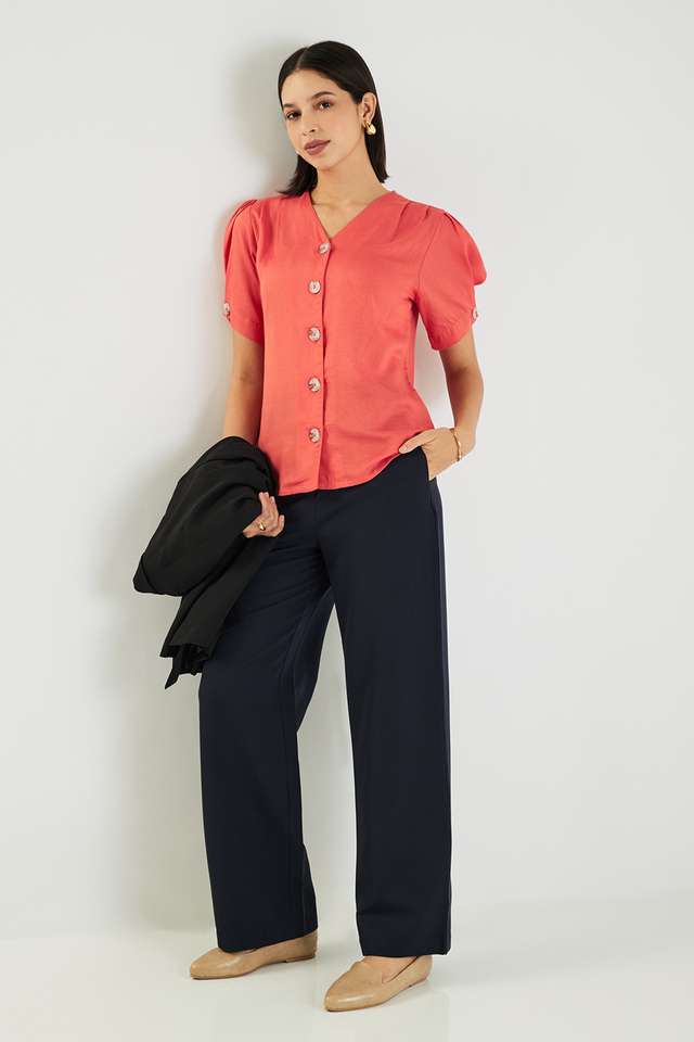 Solid-Linen-V-Neck-Women-s-Top