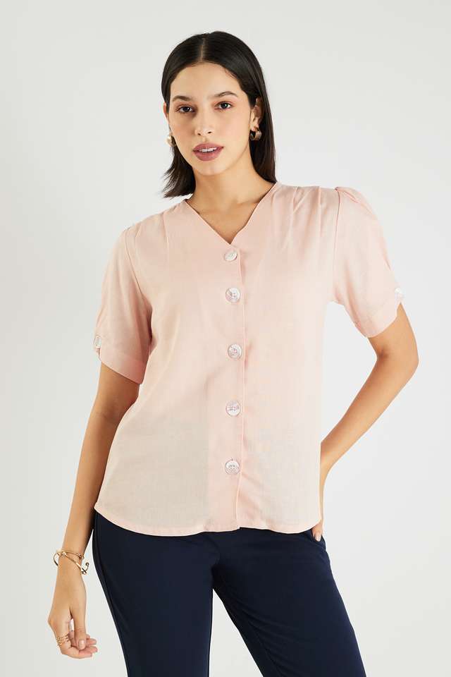 Solid-Linen-V-Neck-Women-s-Top