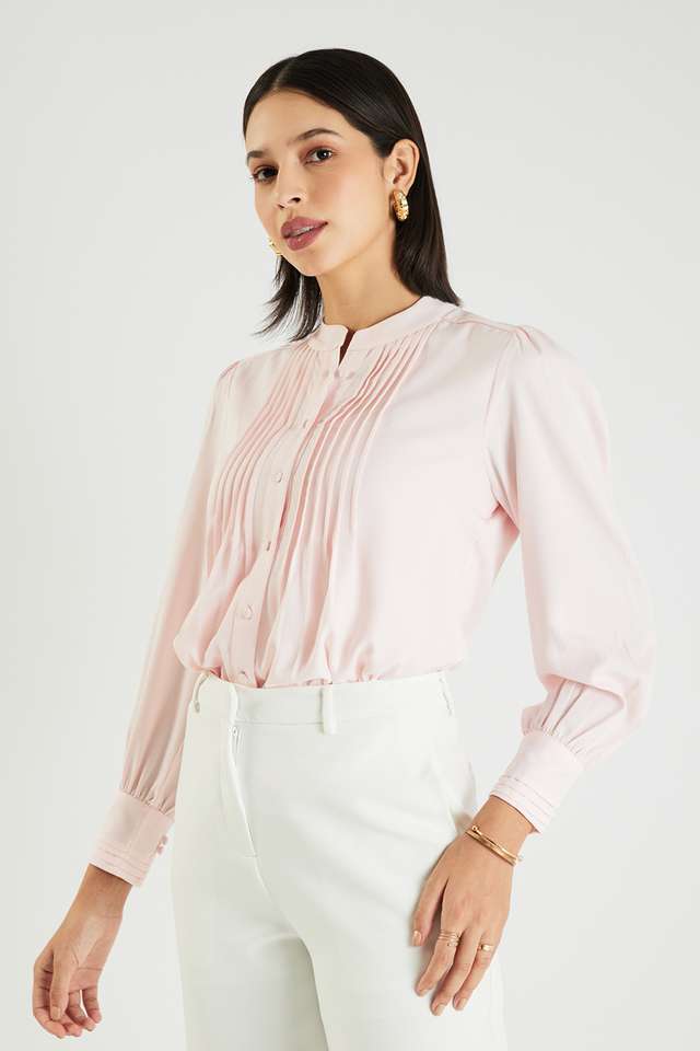 Solid-Blended-Fabric-Collared-Women-s-Top