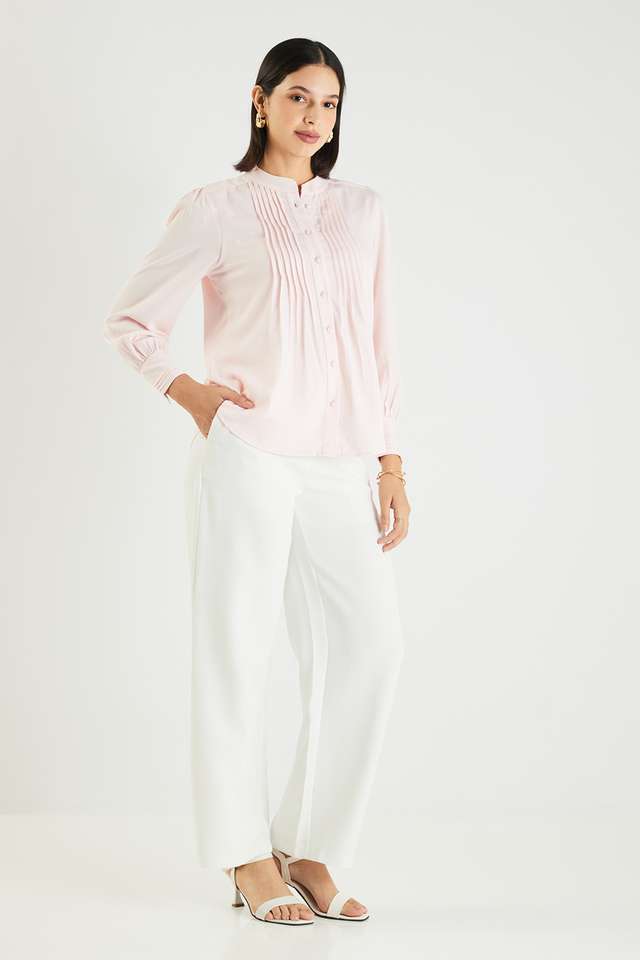Solid-Blended-Fabric-Collared-Women-s-Top