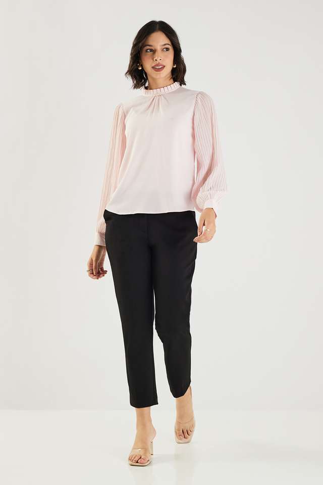 Solid-Blended-Fabric-Round-Neck-Women-s-Top
