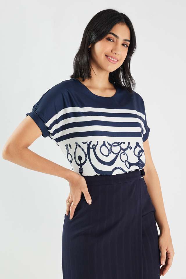 Printed-Blended-Fabric-Round-Neck-Women-s-Top