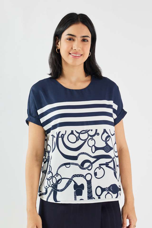 Printed-Blended-Fabric-Round-Neck-Women-s-Top