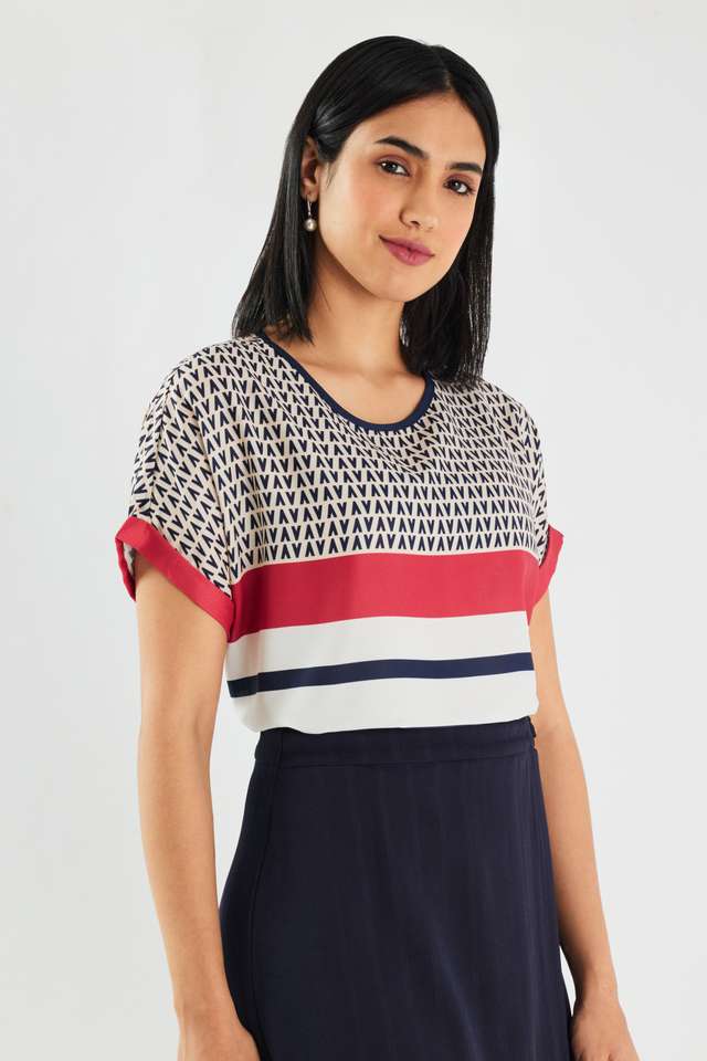 Printed-Blended-Fabric-Round-Neck-Women-s-Top