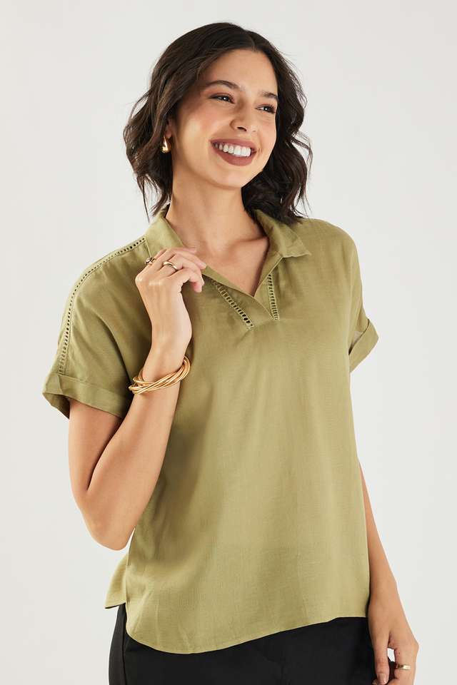 Solid-Linen-Collared-Women-s-Top