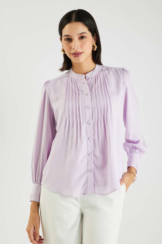Solid-Blended-Fabric-Collared-Women-s-Top