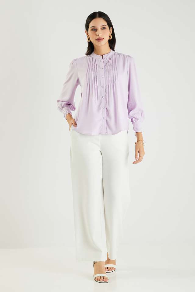 Solid-Blended-Fabric-Collared-Women-s-Top