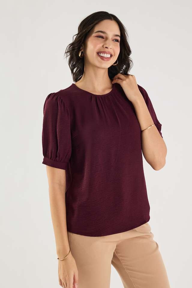 Solid-Blended-Fabric-Round-Neck-Women-s-Top
