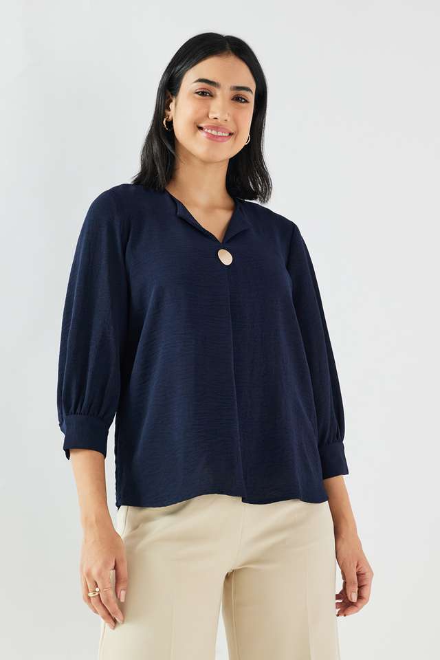 Solid-Blended-Fabric-V-Neck-Women-s-Top