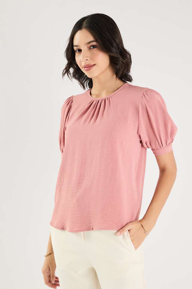 Solid-Blended-Fabric-Round-Neck-Women-s-Top