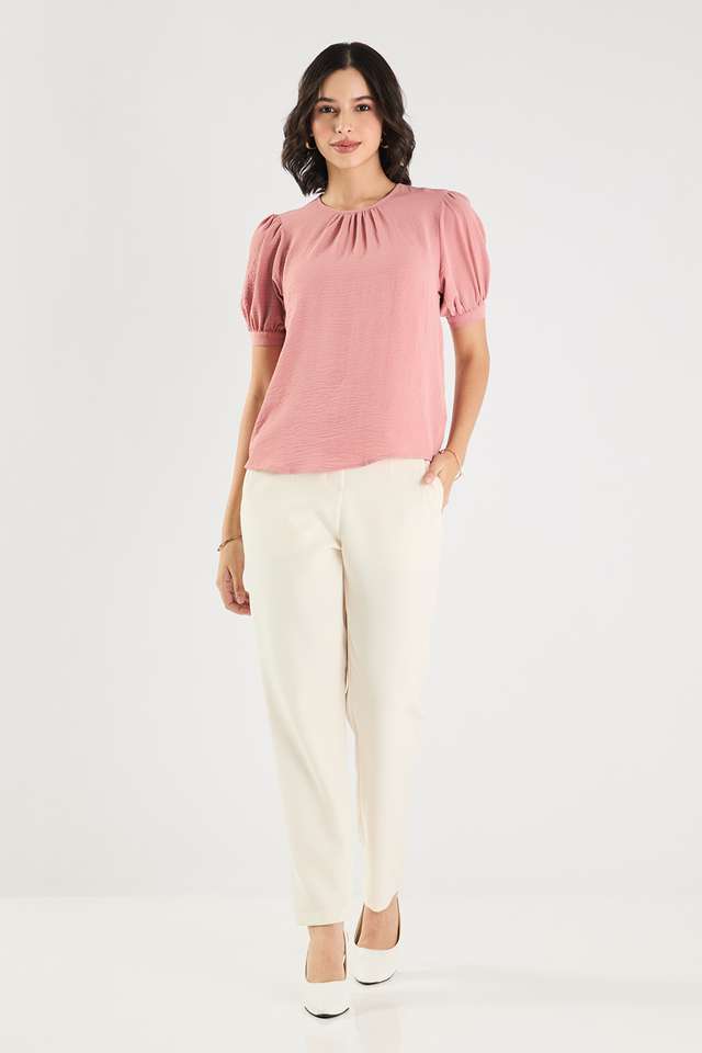 Solid-Blended-Fabric-Round-Neck-Women-s-Top
